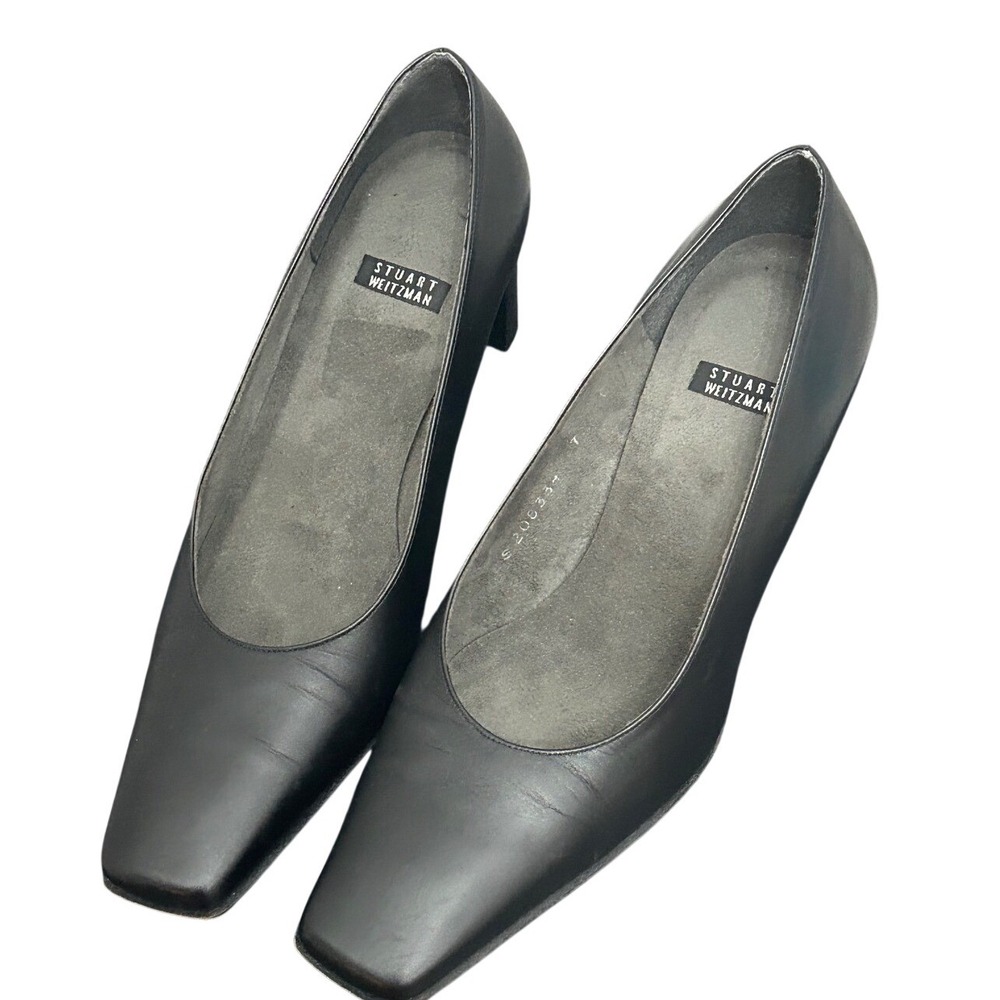 Stuart Weitzman Black Leather Square Toe Block Heel Pump Womens 7 S20833